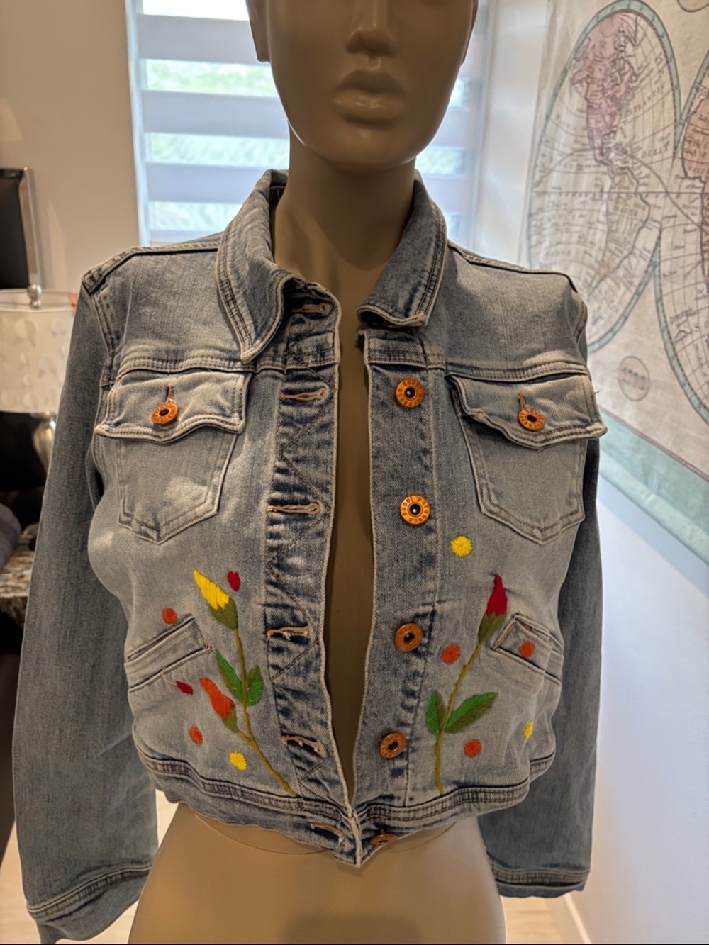 Parasuco Light Wash Denim Jacket with Colorful Floral Embroidery